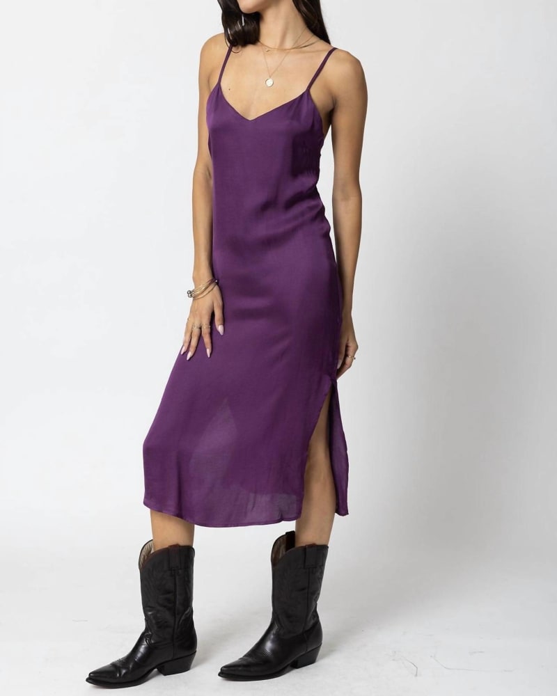 Front of a model wearing a size Large The Silky Slip Midi Dress In Deep Purple in Deep Purple by Stillwater. | dia_product_style_image_id:354871
